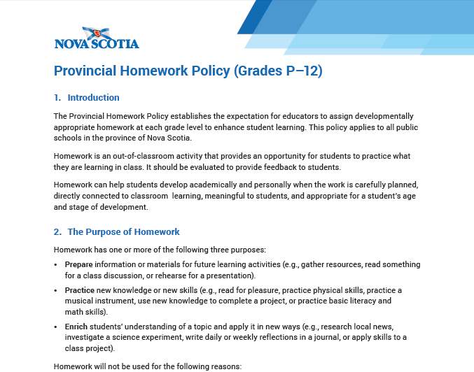 nova scotia department of education homework policy